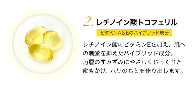 レチノイン酸トコフェリル ビタミンA&Eのハイブリッド成分 レチノイン酸にビタミンEを加え、肌へ刺激を抑えたハイブリッド成分。肌の奥にやさしくじっくりと働きかけ、ハリのもとを作り出します。