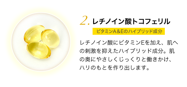レチノイン酸トコフェリル ビタミンA&Eのハイブリッド成分 レチノイン酸にビタミンEを加え、肌へ刺激を抑えたハイブリッド成分。肌の奥にやさしくじっくりと働きかけ、ハリのもとを作り出します。